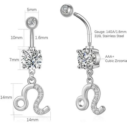 Zodiac Sign Belly Button Rings 316L Surgical Steel Belly Rings, 14G Butterfly Belly Button Ring Dangling CZ Belly Piercing Jewelry for Women JettsJewelers