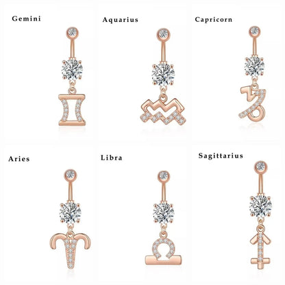 Zodiac Sign Belly Button Rings 316L Surgical Steel Belly Rings, 14G Butterfly Belly Button Ring Dangling CZ Belly Piercing Jewelry for Women JettsJewelers