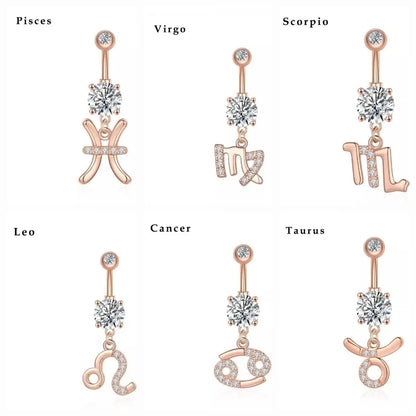 Zodiac Sign Belly Button Rings 316L Surgical Steel Belly Rings, 14G Butterfly Belly Button Ring Dangling CZ Belly Piercing Jewelry for Women JettsJewelers