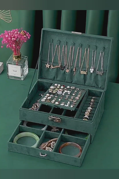 Women Jewelry Organizer Box, 3-Layer Velvet Jewelry Boxes Display Storage Case with Lock for Rings Necklace Earrings